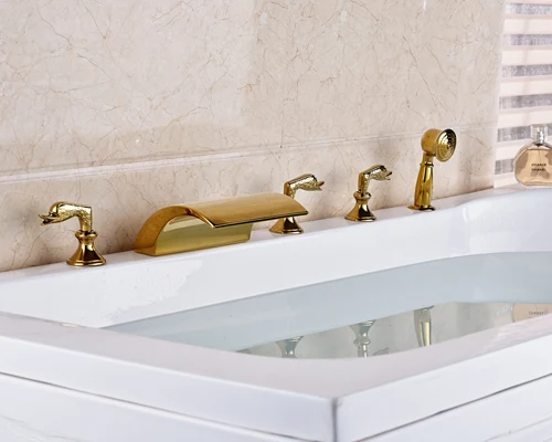 

Gold Finished Deck Mounted Bathtub Faucet Three Handles Widespread 5pcs Waterfall Spout Mixer Tap