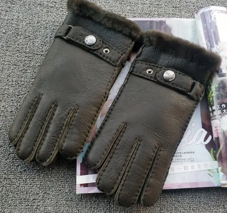 Мужские осенне-зимние Утепленные мотоциклетные перчатки с флисовой подкладкой мужские из натуральной овчины кожаная меховая перчатка для вождения R571