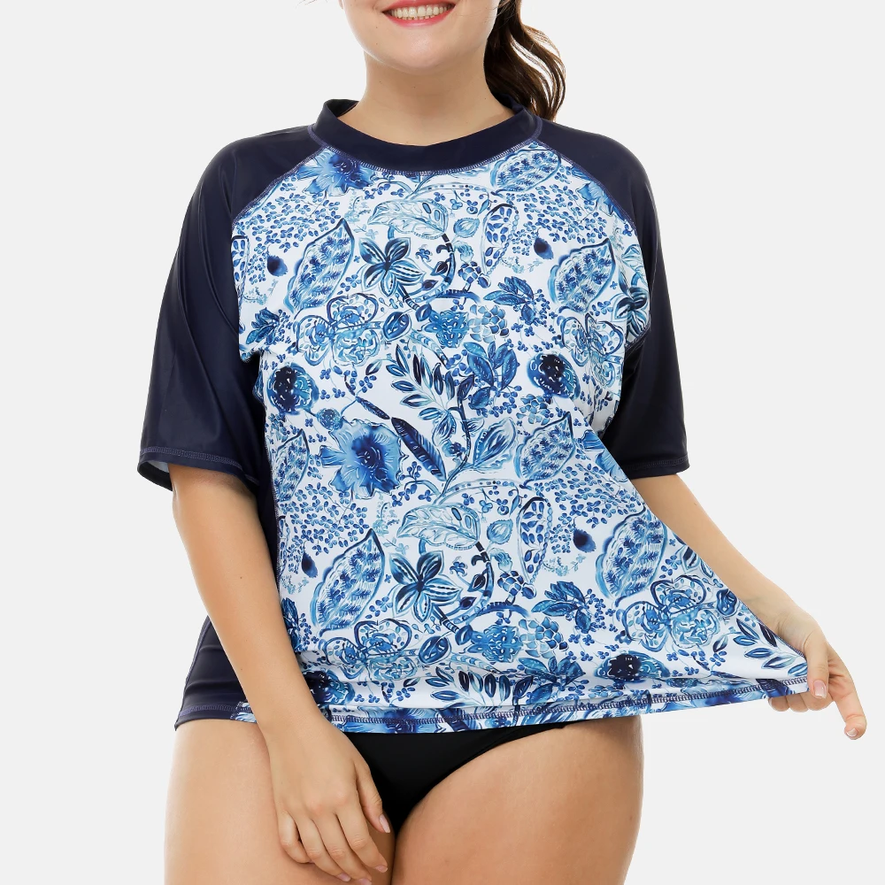 Women Short Sleeve Retro Floral Print Rash Guard Swimsuit Surfing For Attraco Womens Plus Size UPF50+ Beach Wear