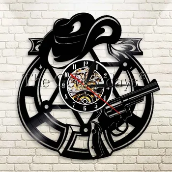 

1Piece Hat and Revolver Wall Clock Sheriff Badge Vinyl Record Clock West World Modern Wall Decor Cowboy Gift Idea