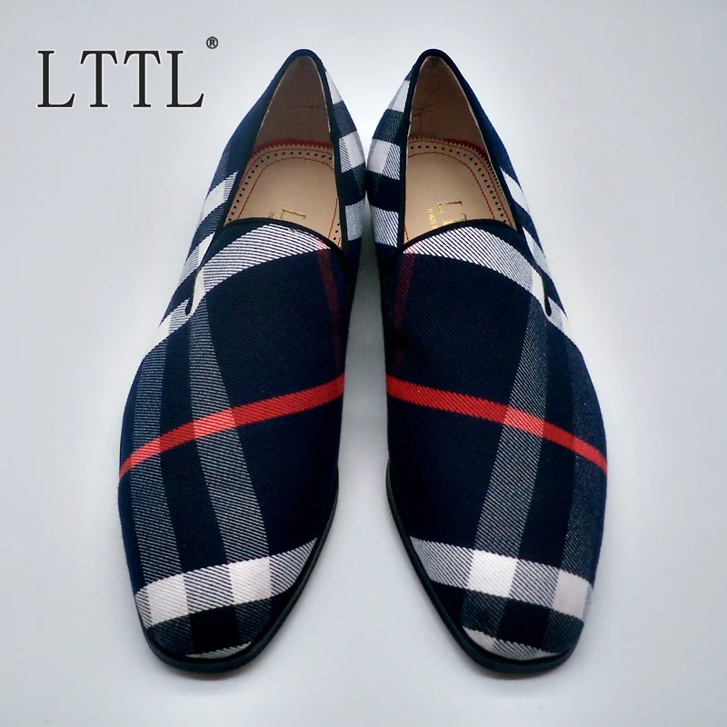 LTTL Mixed-color Plaid Canvas Shoes High Quality Square Toe Slip On Men Loafers Plus Size Summer Fashion Mens Shoes Casual Flats