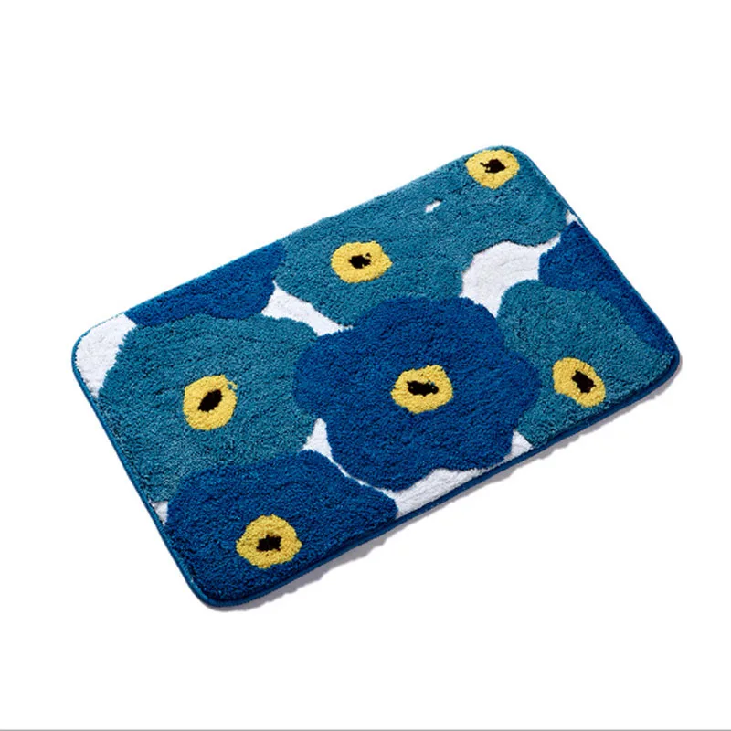 

Polyester Fluffy Soft Shaggy Area Rugs Blue Flower Absorbent Non-slip Rubber Bath Rug Mat Luxury Microfiber Bathroom Floor Mats