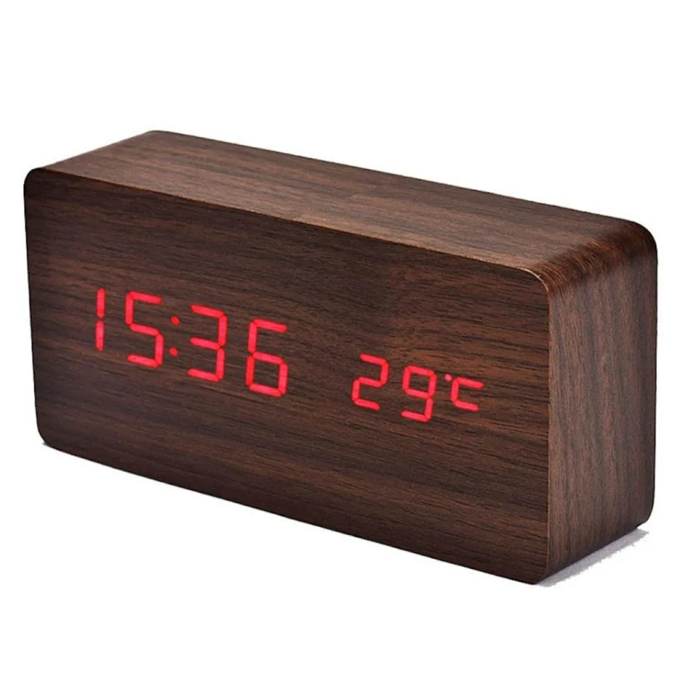 

Modern LED Wooden Alarm Clock Sound Control Time Temperature Week Calendar Display for Home Office Digital Desktop Clock -SZ