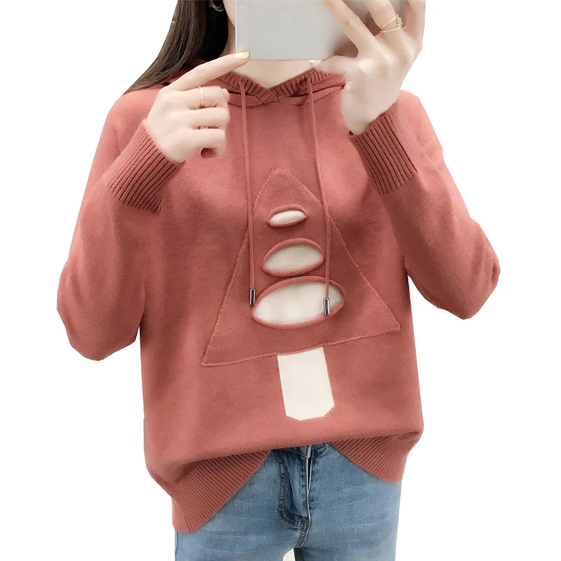 

Sweater Women 2019 New Autumn Winter Knitted Women Sweaters And Pullovers Female Hole Lace Up Hooded Tricot Jersey Pull Femme