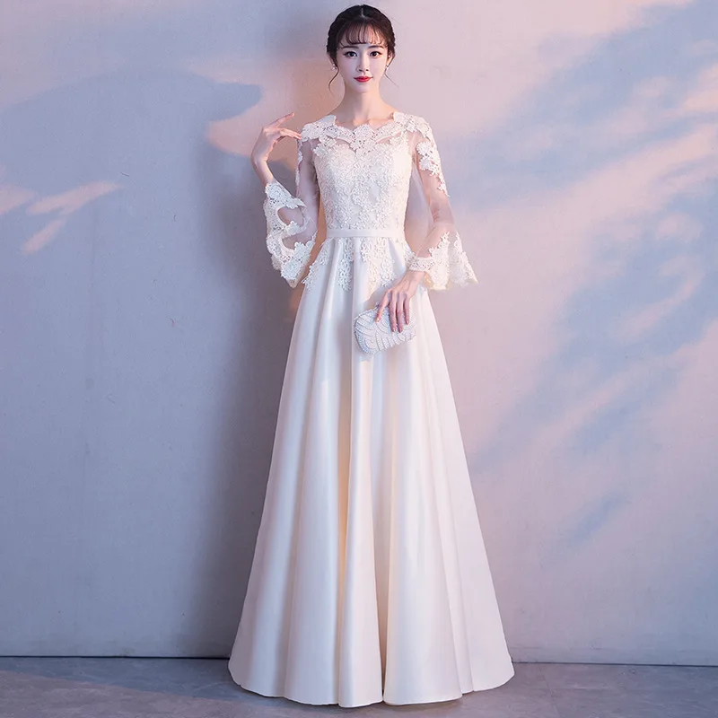 Кружевное женское традиционное китайское платье, элегантные вечерние платья Cheongsam, свадебное платье, винтажное вечернее платье для подружки невесты Qipao - Цвет: Champagne