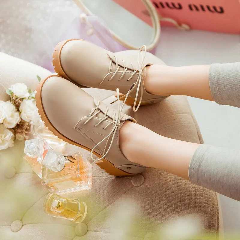 

New Fashion Pu Leather Med Square Heel Ladies Shoes Vintage Retro British Lace Up Oxford Shoes For Women Platform Casual Flats