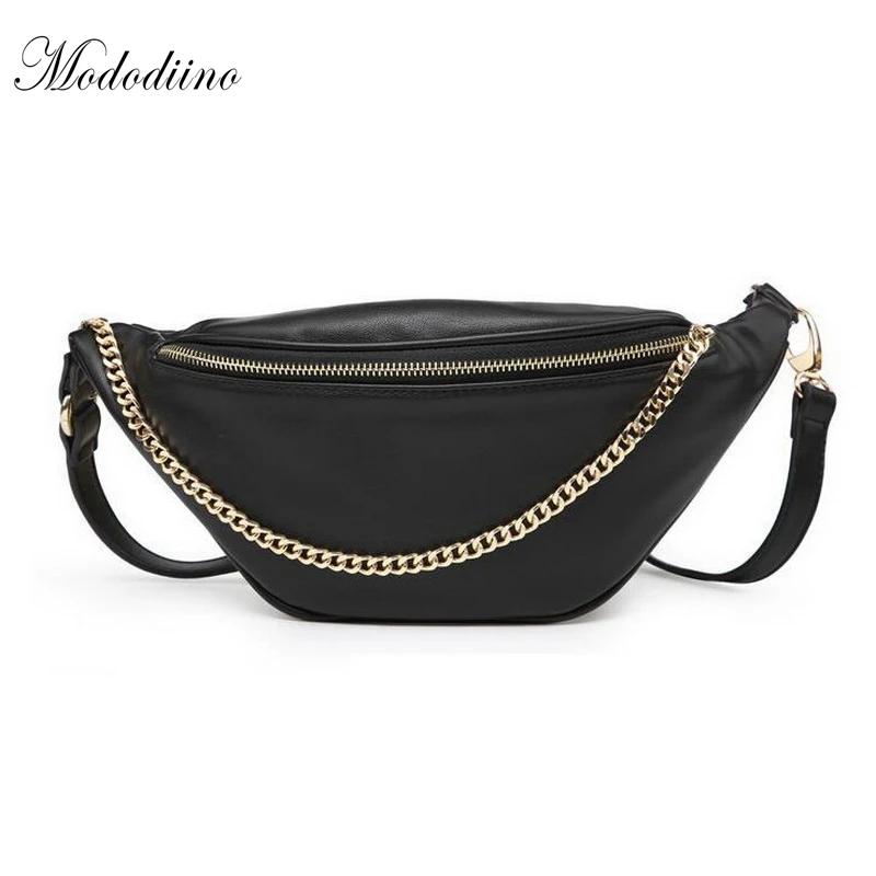 

Mododiino Classic Black PU Leather Waist Packs Chain Fashion Women Fanny Pack Vintage Design Bags Famous Brand Belt Bags DNV0441