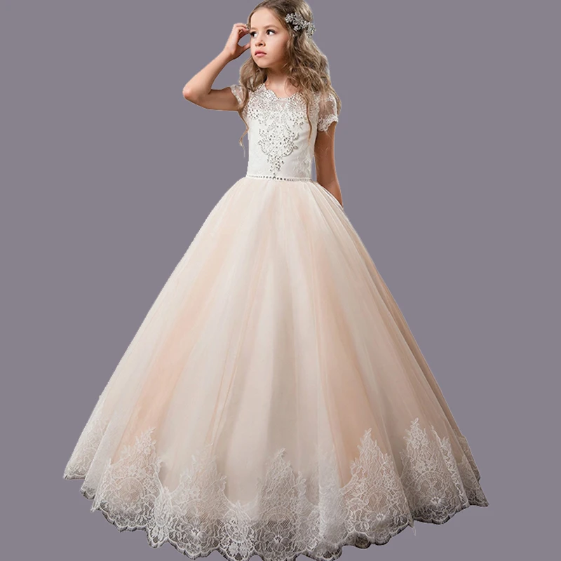 Vestidos de noiva/ г. Платье с короткими рукавами расшитое бусинами, с поясом и бантом, на пуговицах, детское платье для выпускного вечера, для Святого Причастия, вечерние платья для торжеств для малышей
