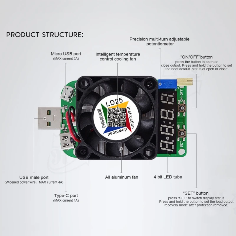 RD LD25 электронный нагрузочный резистор USB интерфейс разрядка тест батареи 25 Вт тест er