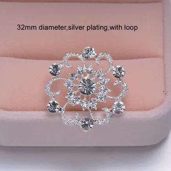 

(S0175)10pcs/lot, 32mm diameter rhinestone button ,silver plating,with loop at back