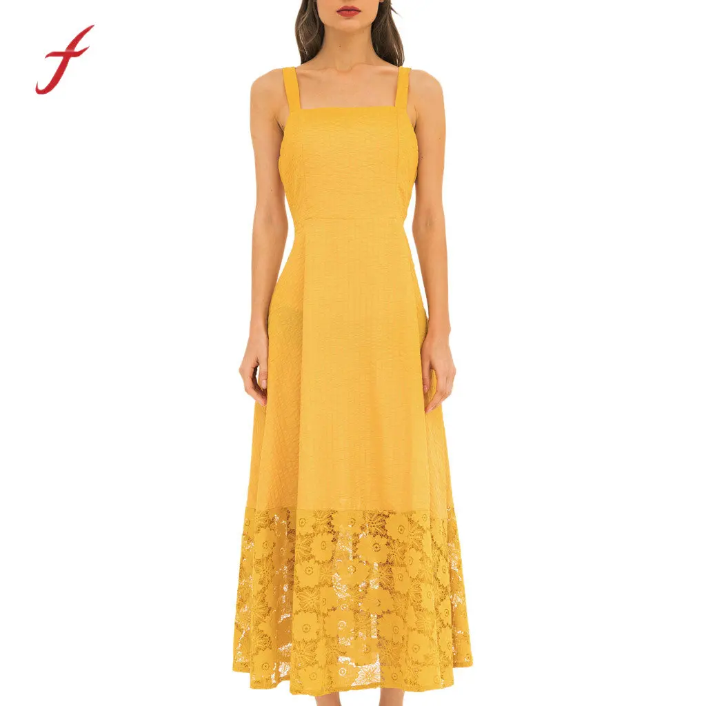 

feitong Fashion Floral Printing Chiffon Lady's Sling-Wrapped Chest Dress With Hollow Stitching Yellow Dress Party Night Vestidos