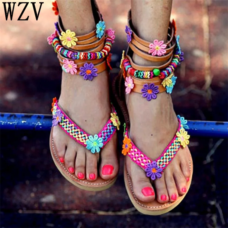 

Bohemia 2019 Summer Fashion Women Sandals Flats Cork Flower beaded Beach Shoes Sandals Zapatos Mujer Sandalias Plus Size 43 H73