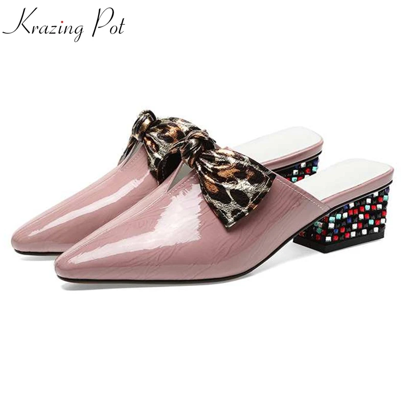

Krazing Pot genuine leather med heels European Summer pointed toe online star bling crystal leopard bowtie office lady pumps L02