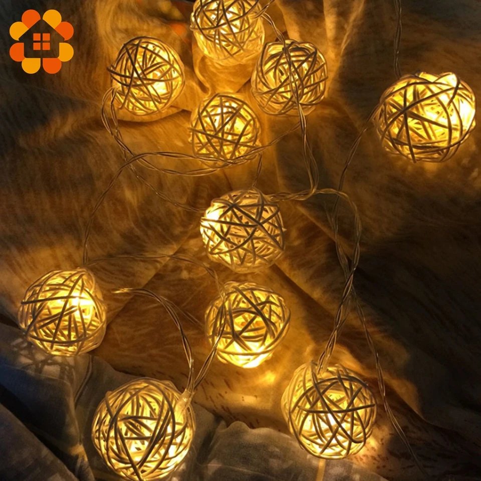 9Pcs Heart Shaped Rattan Ball Wicker String Light Fairy Lamp Wedding Decor