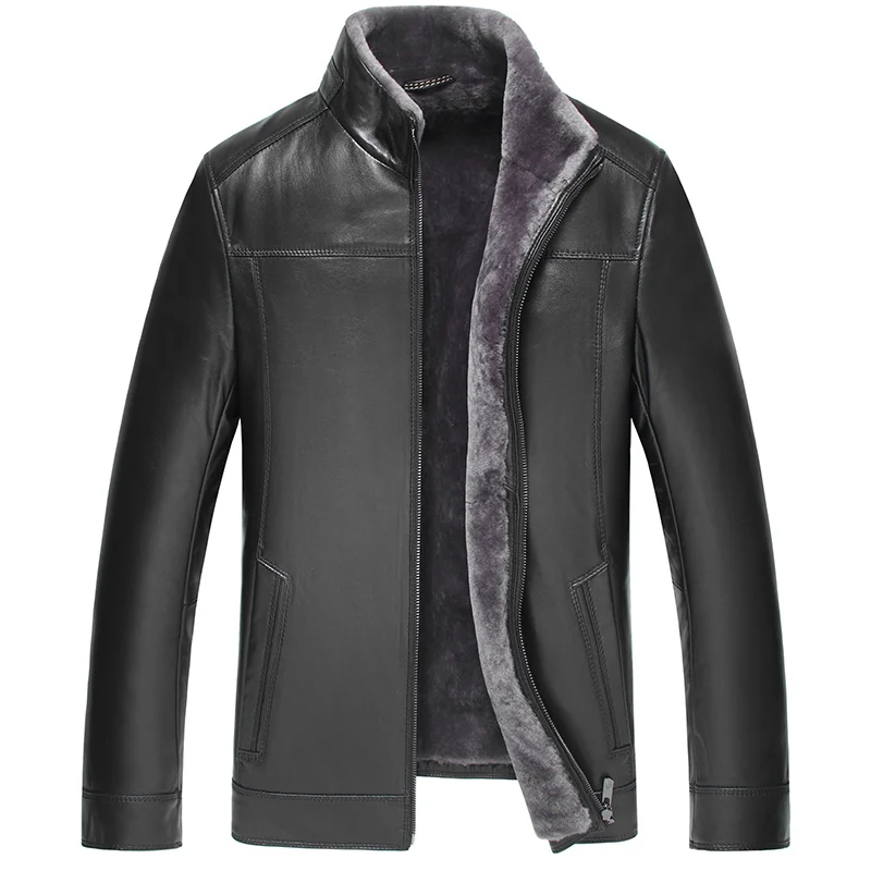 AYUNSUE, мужское пальто из овчины, зимняя куртка из натуральной кожи, мужские теплые куртки с подкладкой из натуральной шерсти, Chaqueta Cuero Hombre, T-89-1966, KJ1379 - Цвет: Black 2