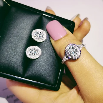 

925 Sterling Silver Jewelry set halo Engagement ring round stud earring for Wedding Valentine's Day gift Christmas J4943S