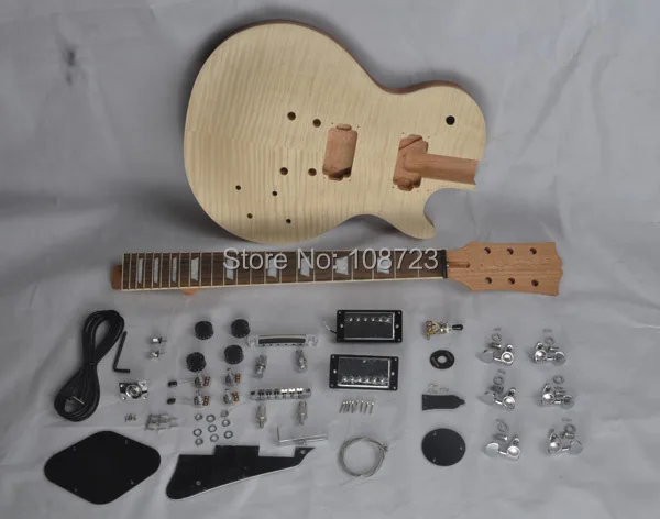 Cheap DIY LP Guitars Mahogany Body Unfinished Electric Guitar Kit With Flamed Maple Top  Dual Humbuckers