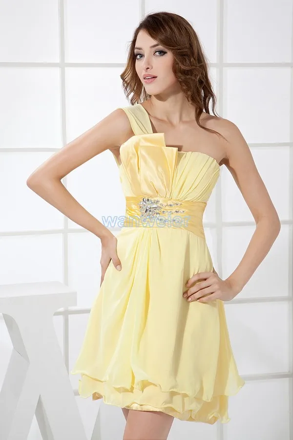 Новое поступление горячей плюс вечерние платья одно плечо короткие пользовательские кристалл желтый Платья Невесты