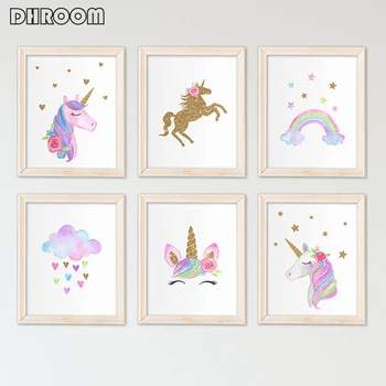 

Nordic Unicorn Wall Art Gold Glitter Prints Pink Nursery Cloud Rainbow Canvas Poster Painting Wall Picture Kids Room Decor