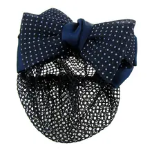 HHFF Dotted Bow Barrette Hair Clip Bun Cover Dark Blue White w Net Snood