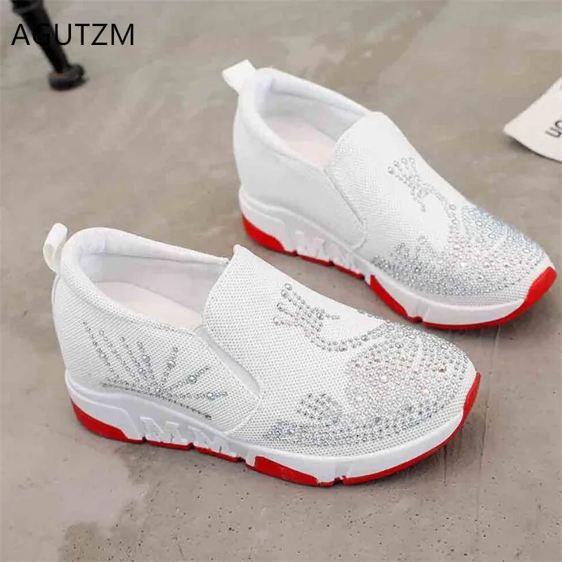 

AGUTZM Breathable Increased woman Shoes 2019 spring Wedge Rhinestone woman casual Shoes comfortable breathable sneakers Y494