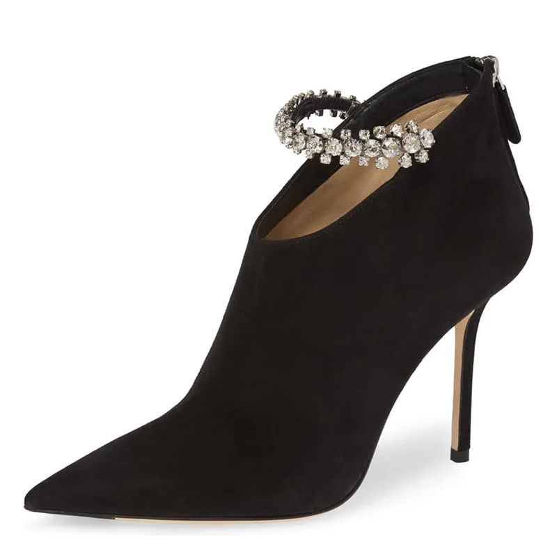Черные ботильоны со стразами на высоком тонком каблуке-шпильке с острым носком женская обувь на молнии; большие размеры 11, 15 модная обувь для зрелых женщин; Shofoo - Цвет: SO01