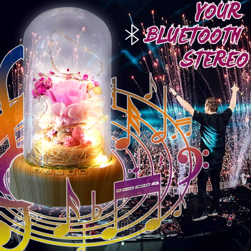 

Wedding Decor LED Lightrd Preserved Fresh Rose in Glass Dome Bluetooth Audio Speaker USB Charge for Valentine Birthday Gift