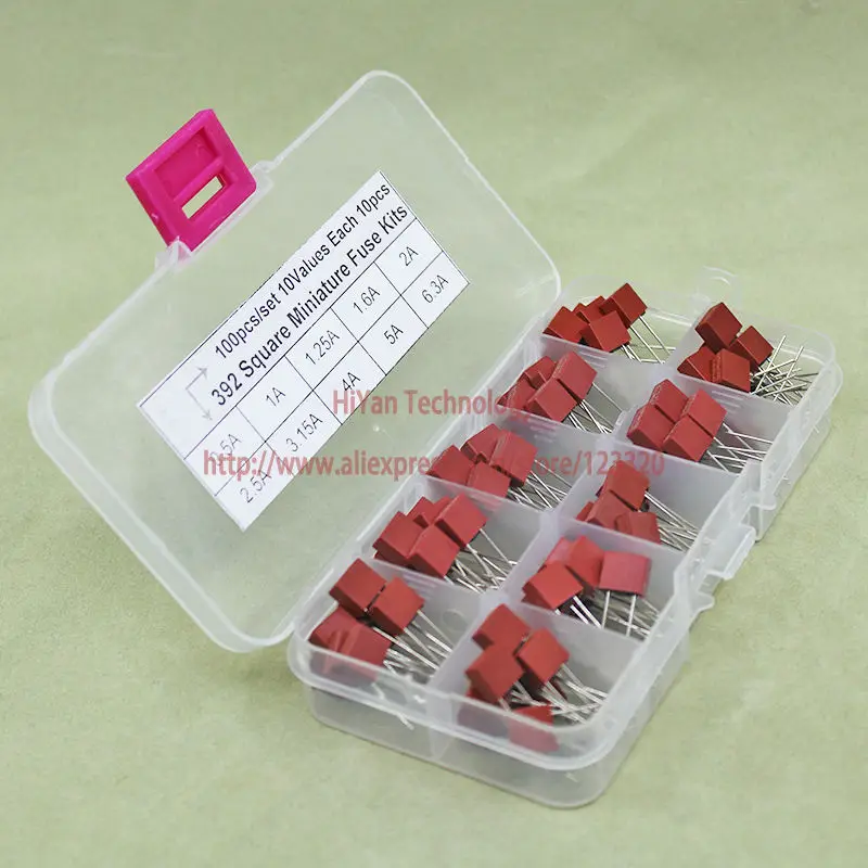 

(100pcs/lot) 392 Miniature Slow Blow Radial Leads Square Fuse Assortment Kits Littlefuse Wickman 10 Values Each 10 Pieces