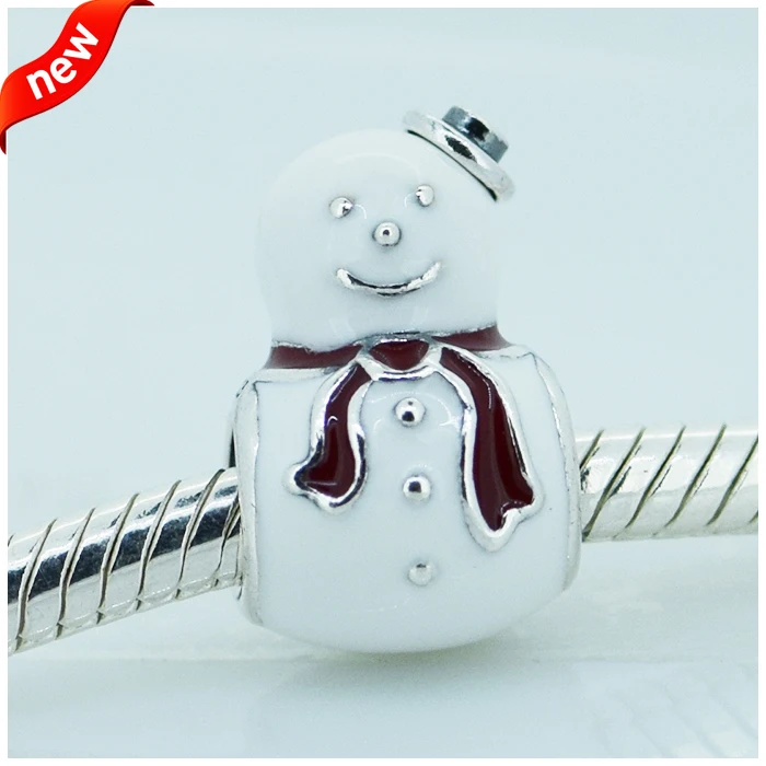 

Fits Pandora Charms Bracelets Happy Snowman Beads with White and Red Enamel 925 Sterling Silver Jewelry Free Shipping