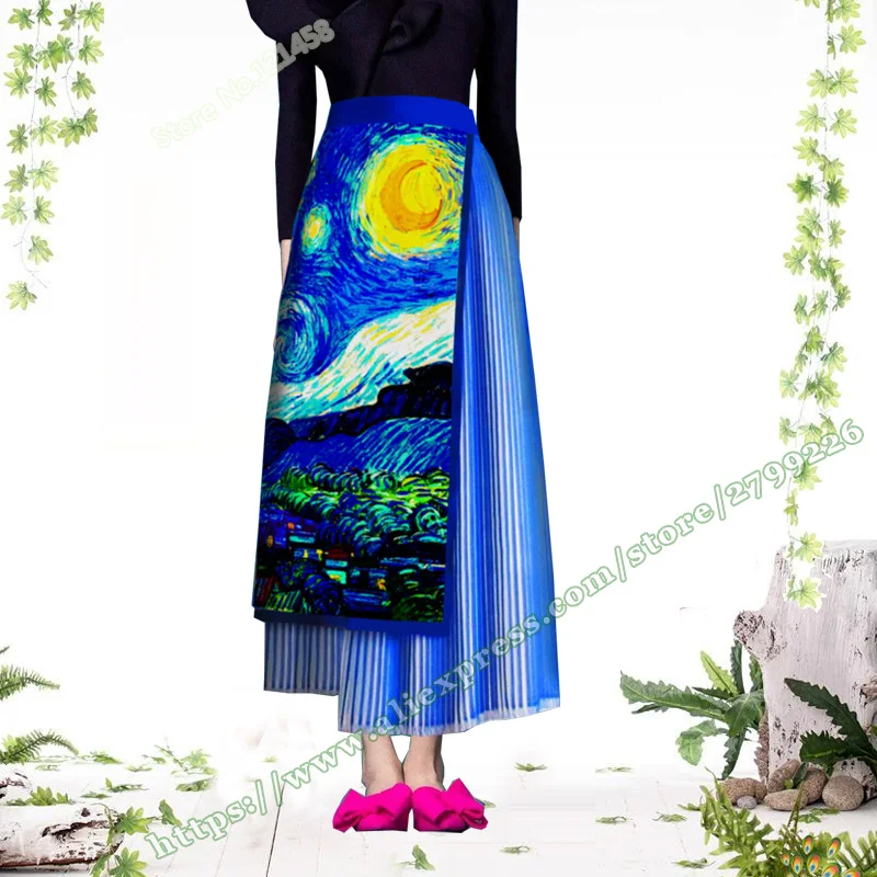 Весенняя и Летняя мода размера плюс Ван Гог Звездная ночь атласная шифоновая плиссированная Женская миди юбка Harajuku дизайн для женщин