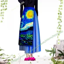 Весенняя и Летняя мода размера плюс Ван Гог Звездная ночь атласная шифоновая плиссированная Женская миди юбка Harajuku дизайн для женщин