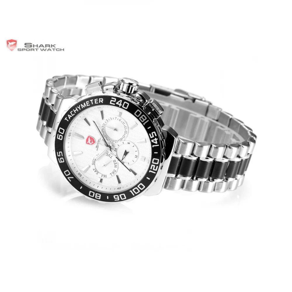 Blacknose Shark Sport Watch White Silver Stainless Steel Band Auto Date Day Waterproof Men's Sports Quartz Wrist Watches / SH381