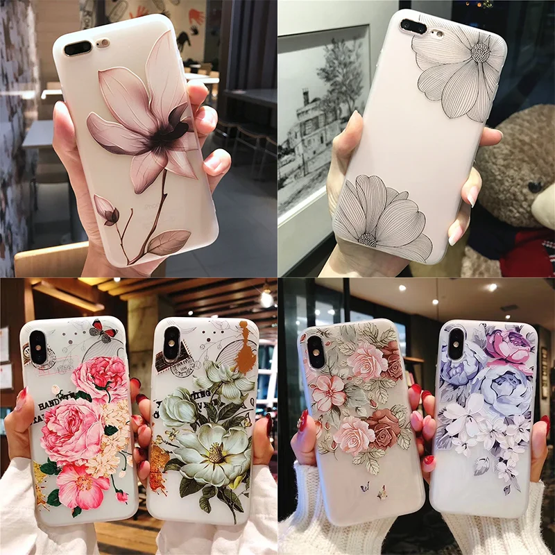 

3D White Matte Emboss Flower Case For iPhone X XS Max XR 7 8 6 S 6S Plus 5 S 5S SE Thin Soft TPU Cover For iPhone XR Capa Coque