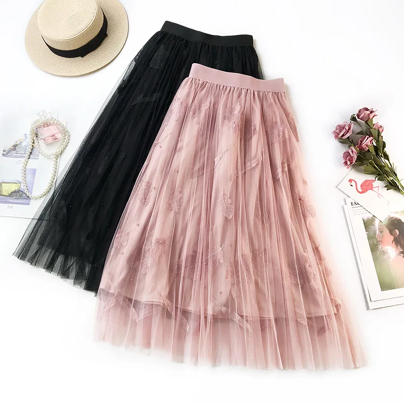 

Wasteheart Pink Black Women Skirts Fashion Women High Waist Ball Gown A-Line Mid-Calf Skirt Mesh Clothing Pleated Long Skirts