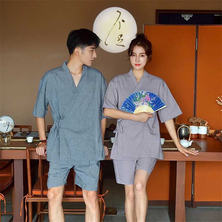 

Man Woman Traditional Japanese Kimono Yukata Pajama Sets Sleepwear 100% Cotton Solid Bathrobe Nightgown Lover Leisure Wear