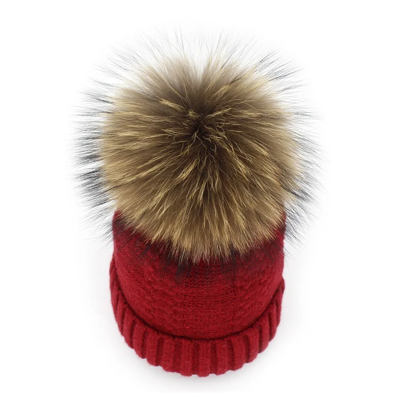 New winter wool knitted hat beanies with real mink fur pom poms Skullies natural raccoon Bobble Fur Pompom Pompon Hat caps