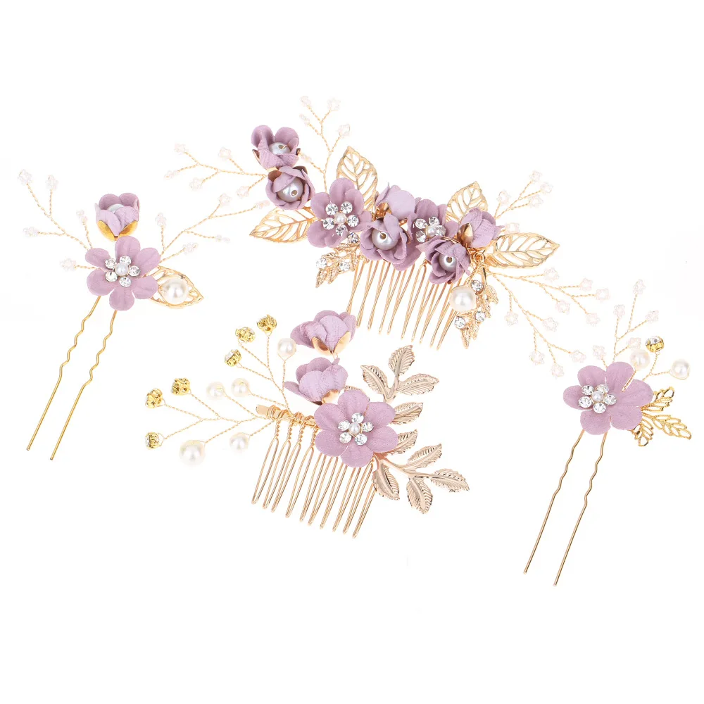 Kmvexo Luxury Pink Blue Flower Hair Combs Headdress Prom Bridal