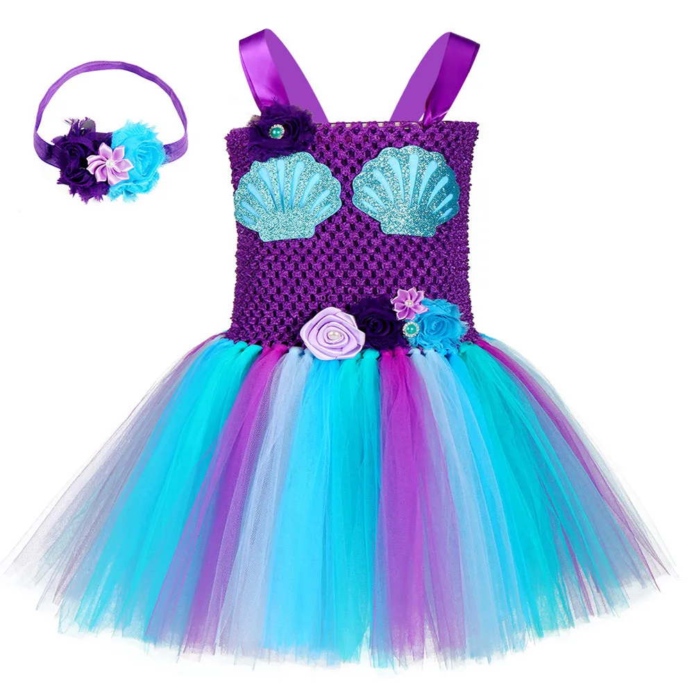 

Princess Ariel Teen Dresses Party Sea Costume Cartoon Flower Shell Pattern Evening Mermaid Dress Sequin Party Dress Tutu Vestido
