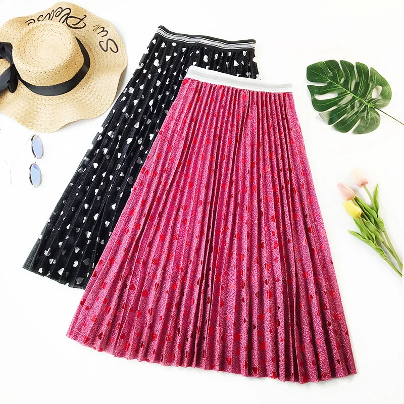 

2019 Autumn Spring Summer Runway Red Love Pleated Women Skirts High Quality All Match Metallic Red Silver Female Lady Midi Skirt