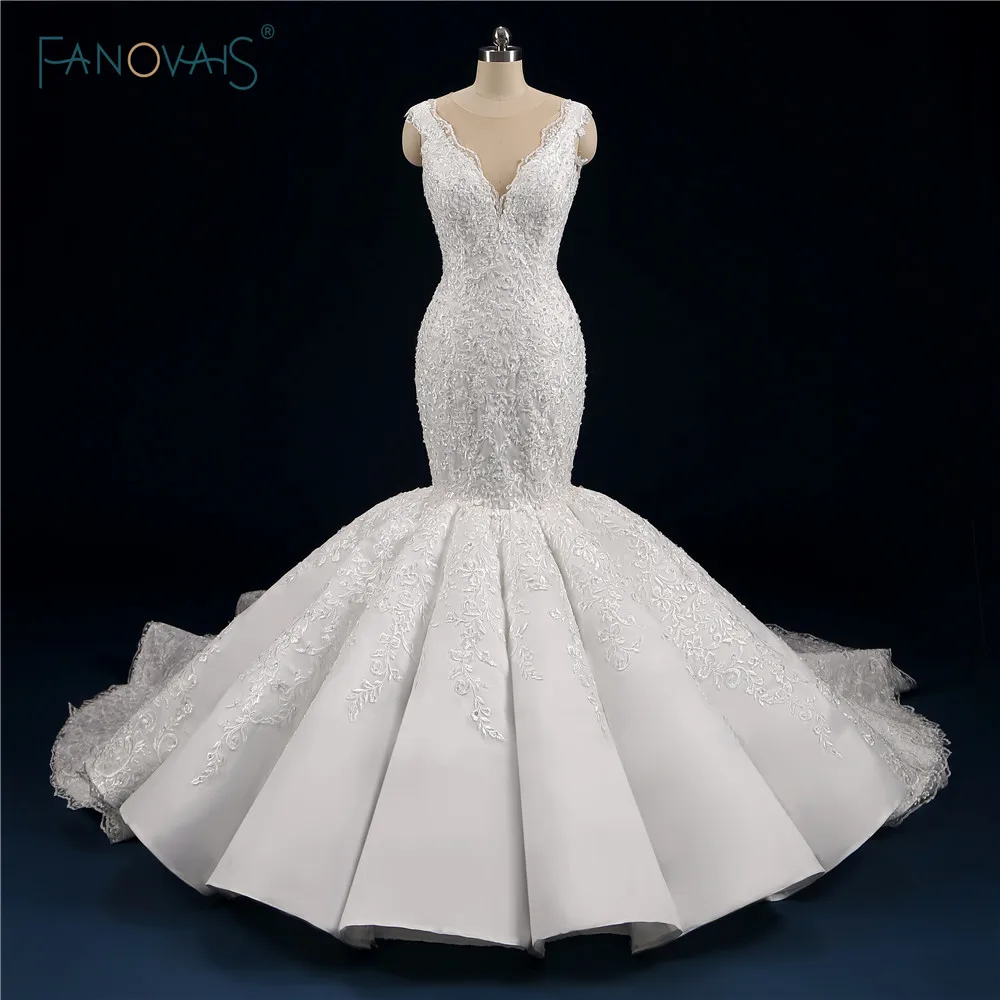 

Luxury Mermaid Wedding Dress 2019 Scoop Full Beaded Lace Wedding Gown High Quality Dubai Wedding robe de mariee WN15