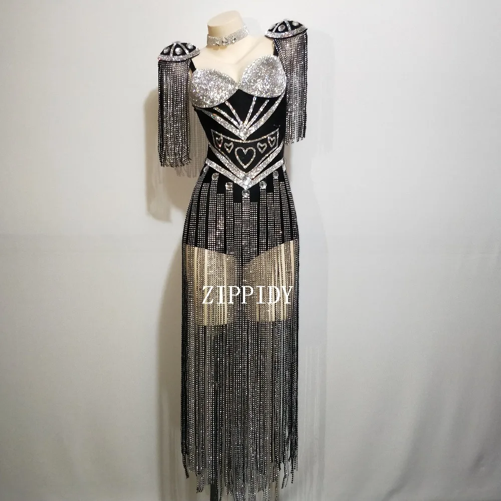 

Fashion Black White Crystals Epaulet Bodysuit Sexy Women Sparkly Tassel Outfit Women Costume Singer Dance Wear