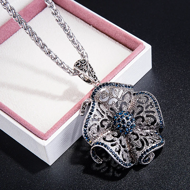 

Vintage Black Blue Crystal Flower Drop Necklaces & Pendants For Women Long Necklace Jewelry Dress Sweater Accessories Gifts