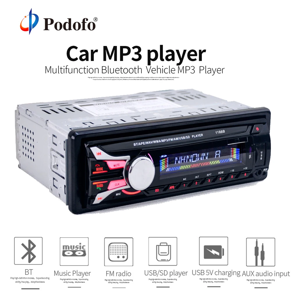 

Podofo New FM Car Radio 12V Bluetooth MP3 Audio Player Removable Dechatable front panel USB/SD/In-Dash 1 DIN Audio Stereo 1188B