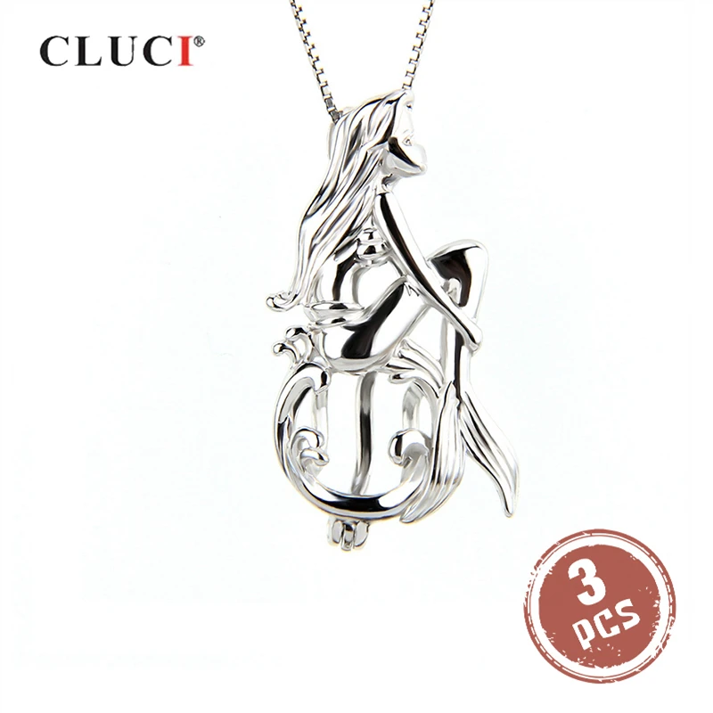 

CLUCI 3pcs Cute Silver 925 Mermaid Shaped Cage Pendant for Necklace Women Fairy Tale 925 Sterling Silver Pearl Locket SC048SB