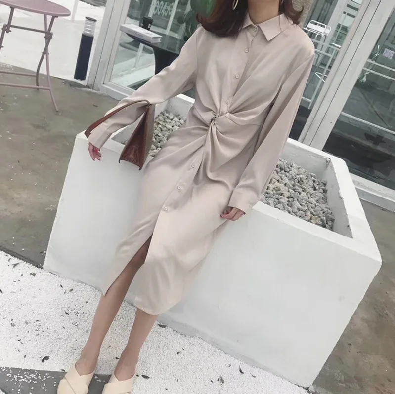 

LANMREM 2019 Spring New Turn-down Collar Full Sleeve Irregular Fold Blouse Sashes Empire Waist Ladies Fashion Shirt Dress S951