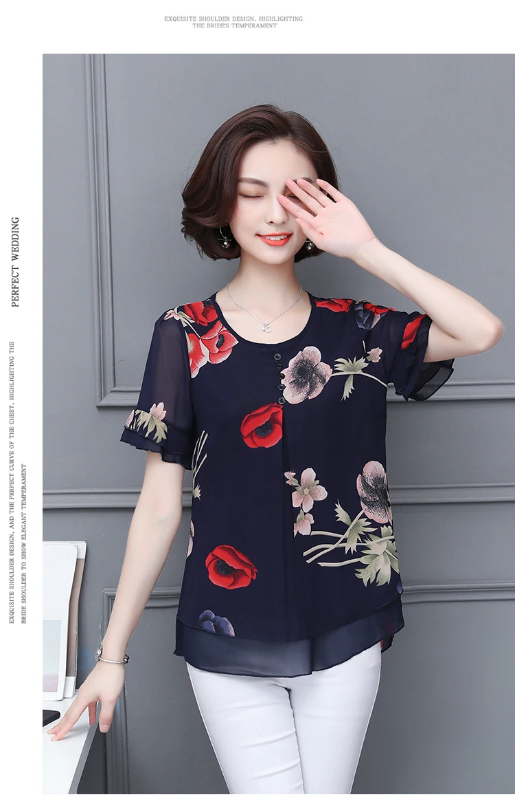 Женские топы, женские блузки, топы Харадзюку, шифоновая блузка с цветочным рисунком и круглым вырезом размера плюс, женская блузка с открытыми плечами, блузка, рубашка 3236 50