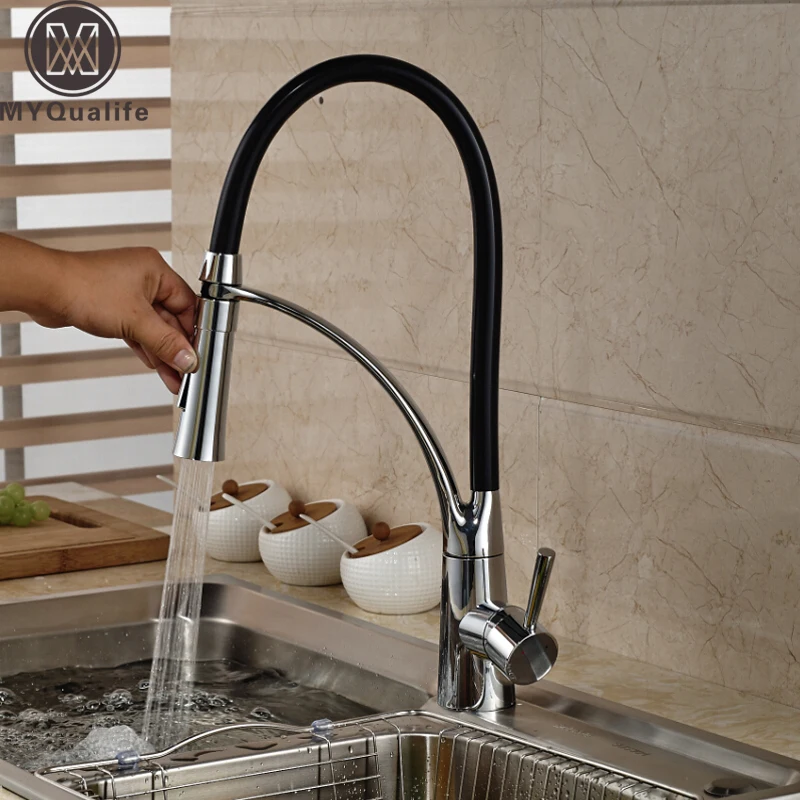 Polished Chrome Kitchen Sink Faucet Swivel Pull Down Spout Kitchen Sink Tap Deck Mounted Bathroom Hot