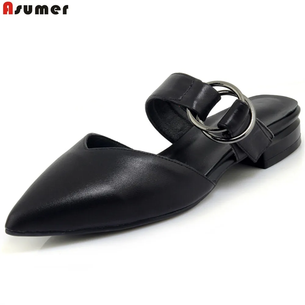 

Asumer black white fashion spring autumn flat shoes pointed toe casual mules shoes women genuine leather low heels slippers