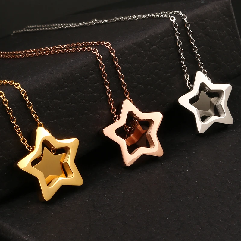 

Hot Sale Movable Double Star Pendants Necklaces Gold Color Stainless Steel Chain Necklace for Women Girl Birthday Gift