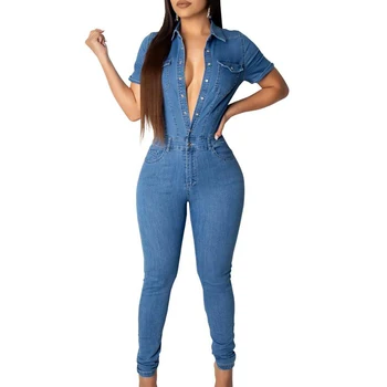 

Denim Pencil Pants Sexy Deep V Jumpsuits Women Short Sleeve Front Button Pocket Female Casual Legging Jumpsuits Club